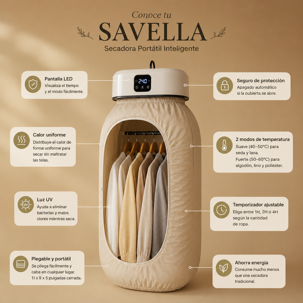 Secado profesional en casa SAVELLA™: ropa lista en 30 minutos
