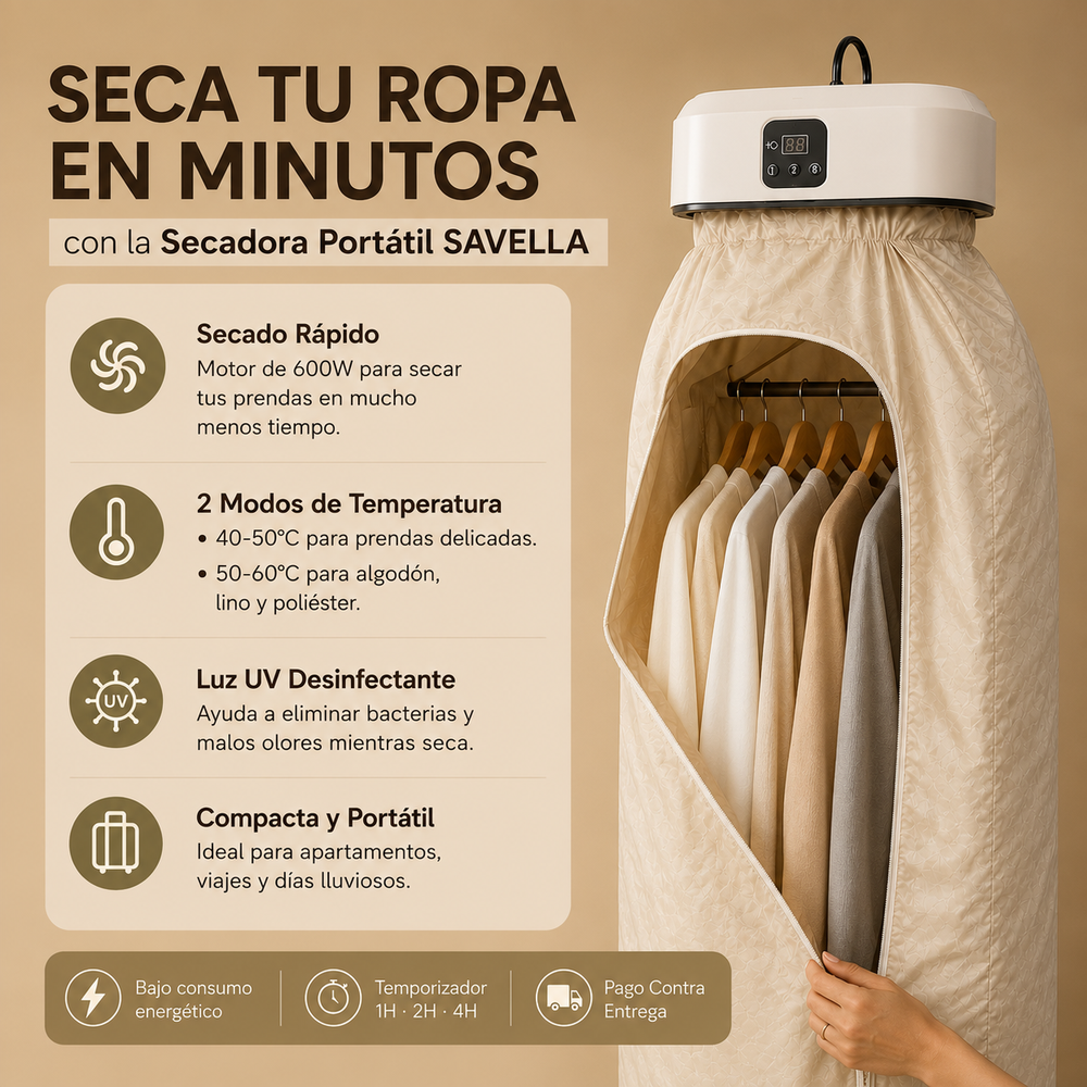 Secado profesional en casa SAVELLA™: ropa lista en 30 minutos
